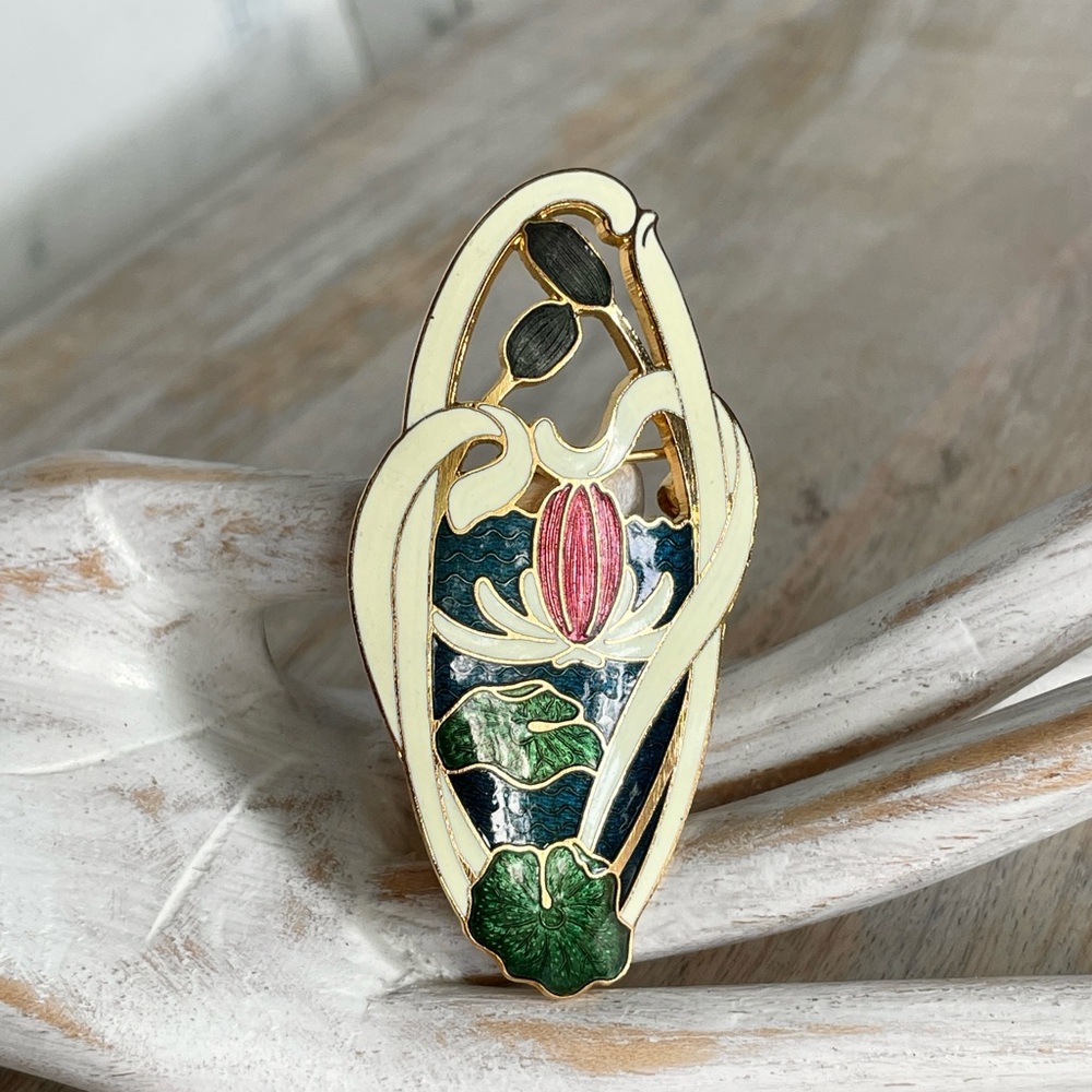 VTG Fish Signed Enamel Lily Pad Reed Pin Brooch